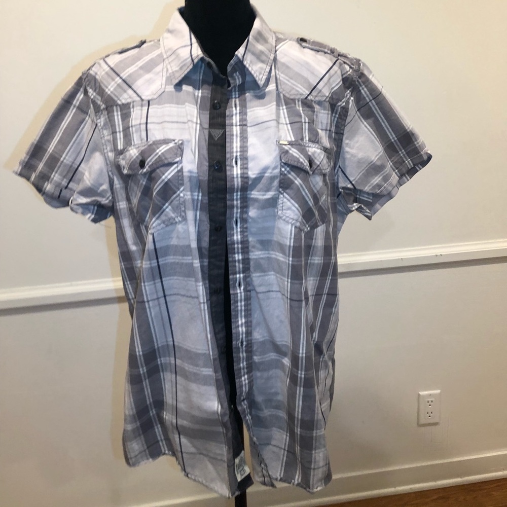 Guess Men’s Grey Plaid Short Sleeve